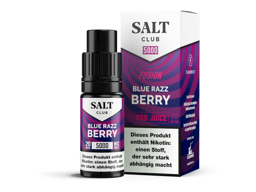 Salt Club Nikotinsalz Liquid Blue Razz Berry 20 mg/ml, mit süß-sauren blauen Himbeeren Geschmack, packshot der Flasche