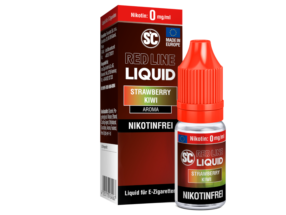 Detailaufnahme von SC Red Line Strawberry Kiwi Nikotinsalz Liquid, das für seine volle Aromaentfaltung bei jeder Dampfpause bekannt ist.