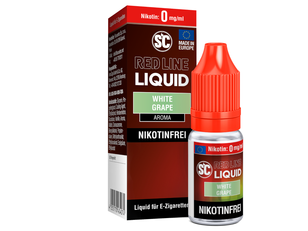 Verpackung des SC - Red Line - White Grape Liquids, das mit variablen Nikotinstärken zur Auswahl steht.