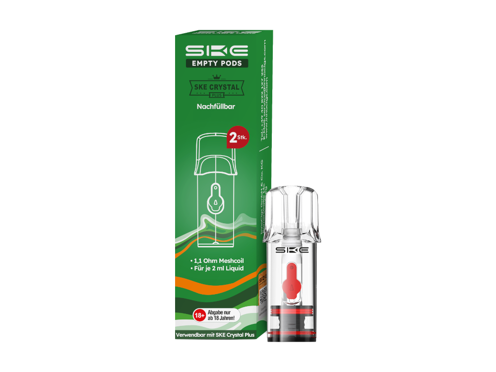 Vervollständigung des SKE Crystal Plus Systems: 2ml Leer-Pod mit seitlichem Befüllsystem und geeignet für eigene E-Liquids.
