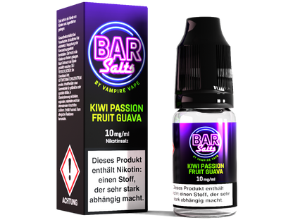 Packung von Vampire Vape Bar Salts Kiwi Passion Fruit Guava, Nikotinsalz Liquid für E-Zigaretten, erhältlich in verschiedenen Nikotinstärken.