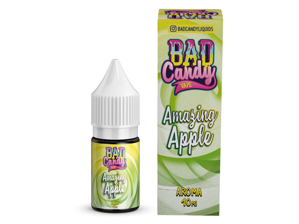 Bad Candy Amazing Apple Aroma für E-Zigaretten - Detailaufnahme der 10ml Flasche, die hochkonzentriertes Apfelaroma zeigt. Empfohlen für die Verdünnung vor dem Dampfen.