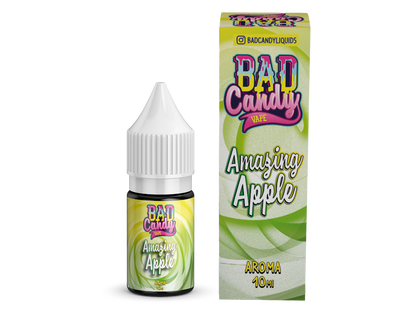 Bad Candy Amazing Apple Aroma für E-Zigaretten - Detailaufnahme der 10ml Flasche, die hochkonzentriertes Apfelaroma zeigt. Empfohlen für die Verdünnung vor dem Dampfen.