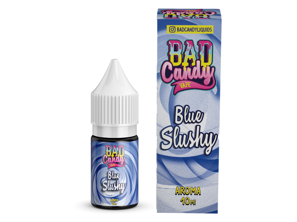 Nahaufnahme der Bad Candy Blue Slushy Aroma 10 ml Flasche, ideal für E-Zigaretten, um den frischen und süßen Geschmack eines blauen Slushies zu genießen.