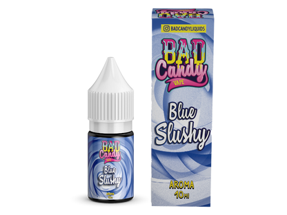 Nahaufnahme der Bad Candy Blue Slushy Aroma 10 ml Flasche, ideal für E-Zigaretten, um den frischen und süßen Geschmack eines blauen Slushies zu genießen.