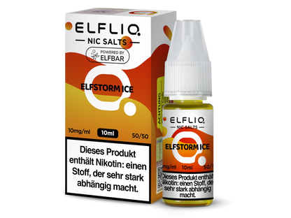 Detailansicht der ELFLIQ Elfstorm Ice Nikotinsalz Liquid Flasche, zeigt die lockenden nikotinstärken 10mg/ml und 20mg/ml für ein intensives Dampferlebnis.