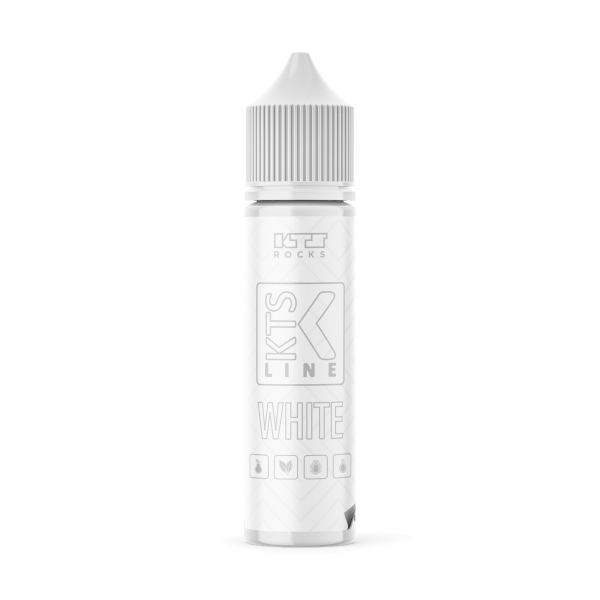 White KTS Line Aroma in einer 60 ml Flasche, präsentiert mit einem fruchtigen Mix aus Birnen, intensiven Früchten und einem Hauch von grüner Minze, ideal für Dampfer, die erfrischende Geschmackserlebnisse suchen.