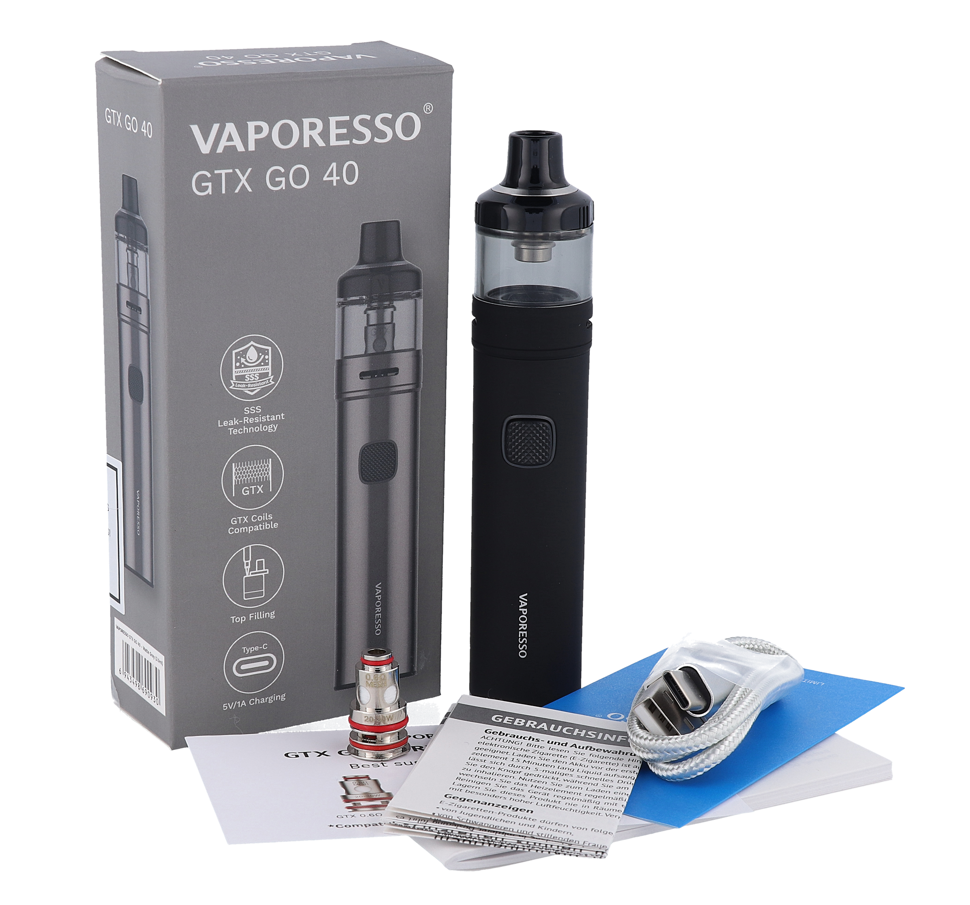 Vaporesso GTX GO 40 E-Zigaretten Set mit umschaltbarem Verdampferkopf für vielfältige Dampferlebnisse.