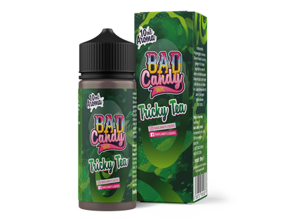120ml Flasche Bad Candy Aroma Tricky Tea, ideal zum Mischen und Verdampfen, mit klaren Sicherheits- und Inhaltsstoffen auf Basis der CLP-Verordnung.