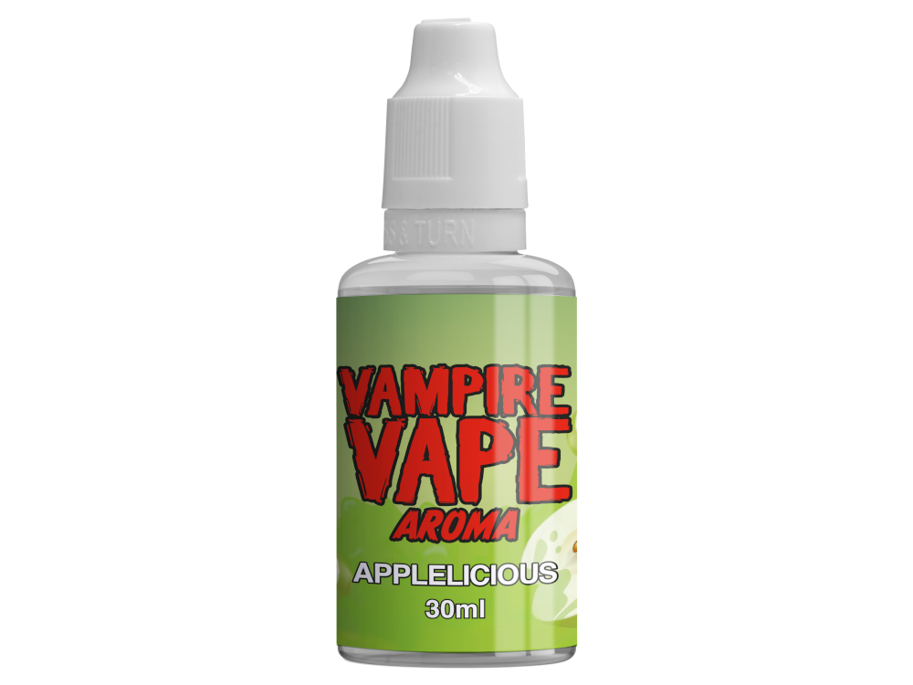 Vampire Vape - Aroma Applelicious 30 ml Verpackung, enthält wichtige Sicherheitsinformationen und Anwendungshinweise für Benutzer.